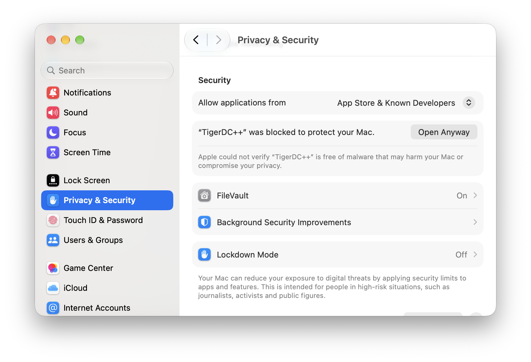 Кнопка Open Anyway в настройках безопасности macOS