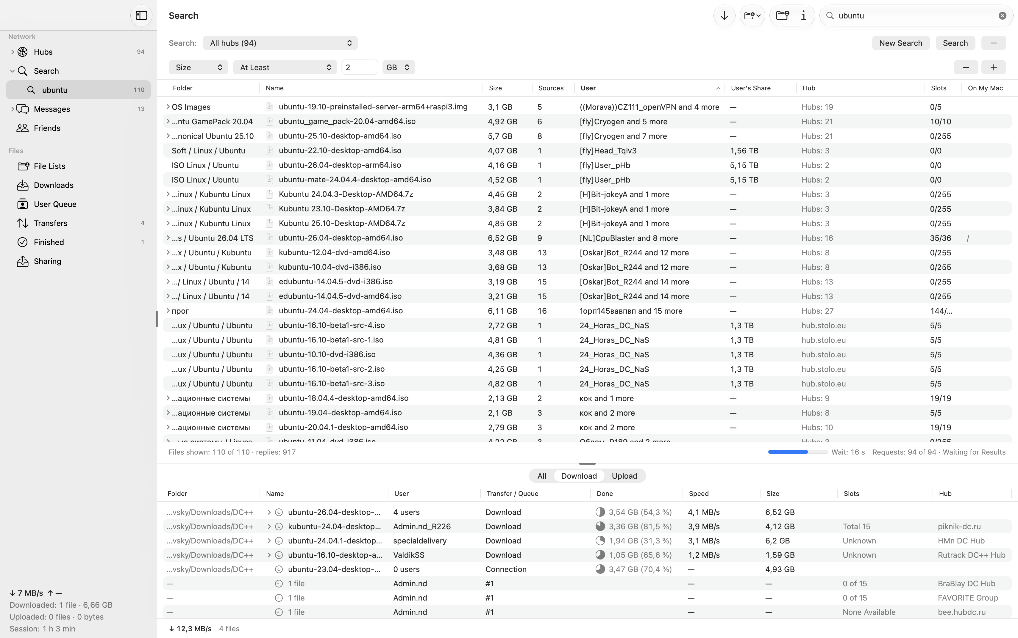 TigerDC++ search results with Ubuntu downloads in the lower transfer panel